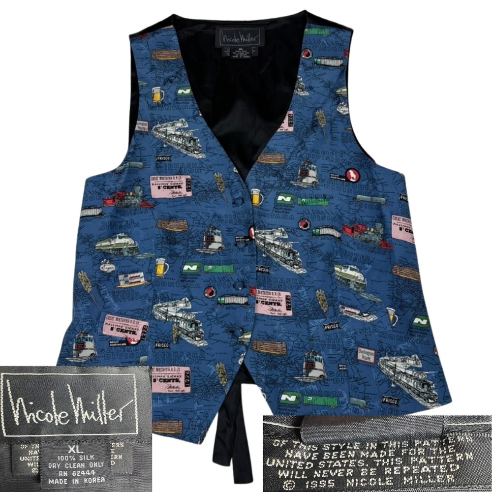 Vintage 90s Nicole Miller Silk Vest XL Train Travel Railway Novelty Print 1990s